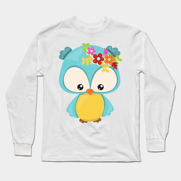 Spring Animals, Cute Owl, Little Owl, Flowers Long Sleeve T-Shirt by Jelena Dunčević